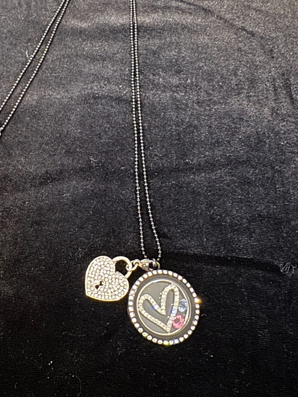 Origami Owl Black Locket Pendant Necklace  with Crystal Silver Heart Accents